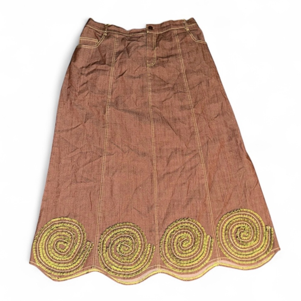 Brown A-Line Maxi Skirt with Green Embroidery